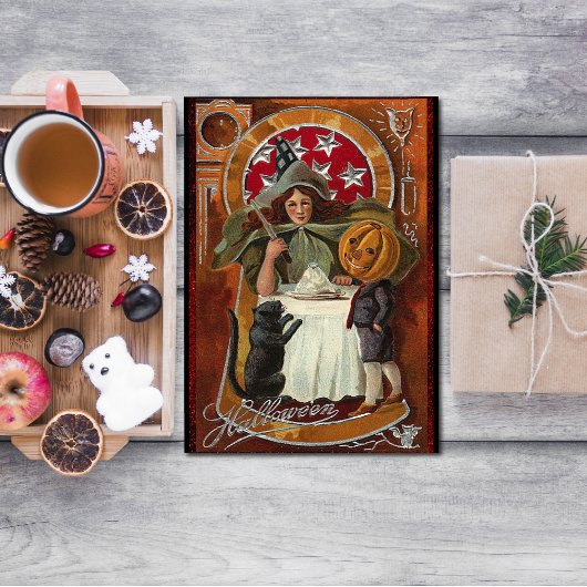 ヴィンテージハロウィーン魔女キャスティングスペルと杖 ポストカード