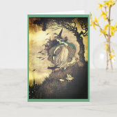 ヴィンテージハロウィーン魔女グリーティングカード カード (黄色い花)