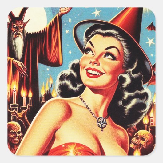 ヴィンテージハロウィーン魔女ピンアップ スクエアシール (正面)