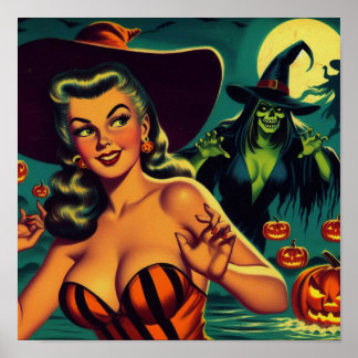 ヴィンテージハロウィーン魔女ピンアップ ポスター