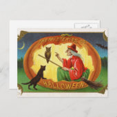 ヴィンテージハロウィーン魔女フクロウ葉書 シーズンポストカード (正面/裏面)