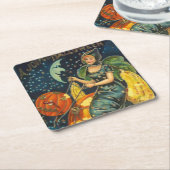 ヴィンテージハロウィーン魔女ポスター スクエアペーパーコースター (アングル)