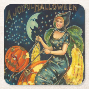 ヴィンテージハロウィーン魔女ポスター スクエアペーパーコースター