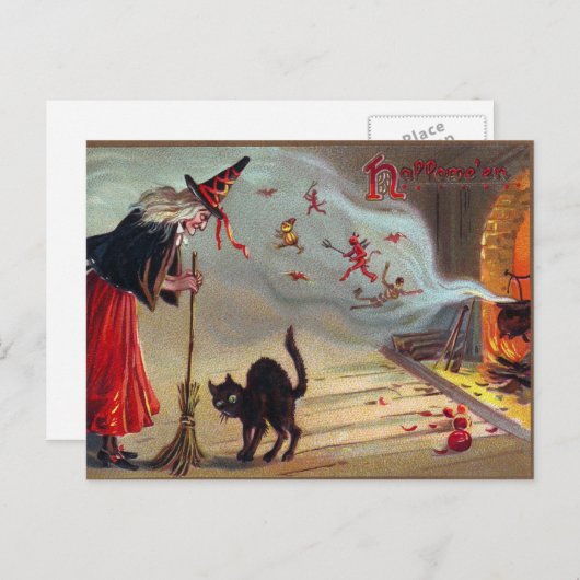 ヴィンテージハロウィーン魔女黒猫はがき シーズンポストカード (正面/裏面)