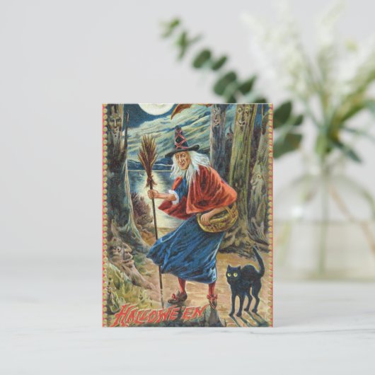 ヴィンテージハロウィーン魔女黒猫はがき ポストカード (スタンド正面)