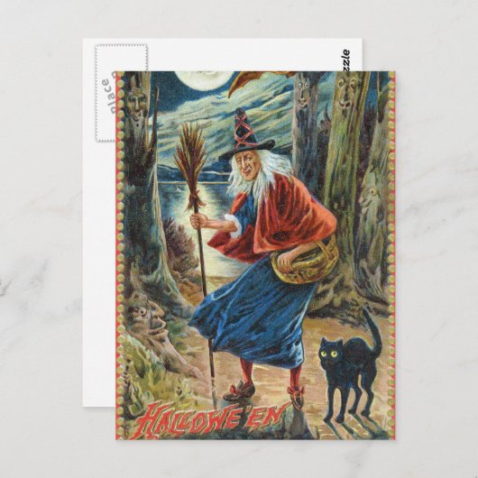 ヴィンテージハロウィーン魔女黒猫はがき ポストカード (正面/裏面)