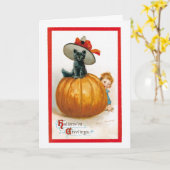 ヴィンテージハロウィーン黒猫あいさつ カード (黄色い花)