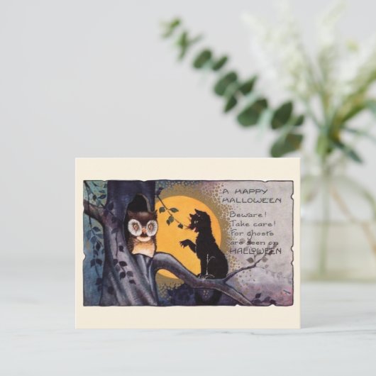 ヴィンテージハロウィーン黒猫フクロウビクトリアンの詩 ポストカード (スタンド正面)
