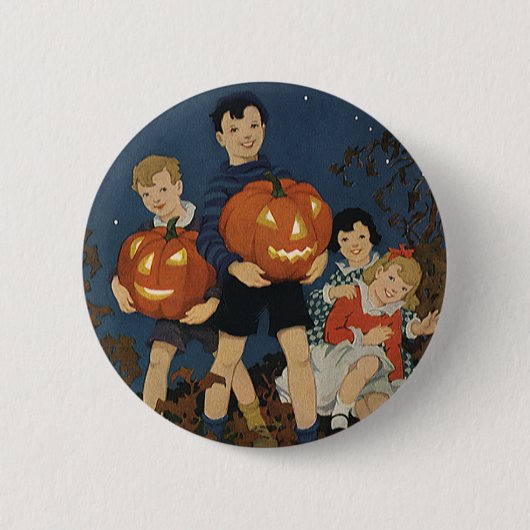 ヴィンテージハロウィーン、カボチャを持つ子供 缶バッジ (正面)