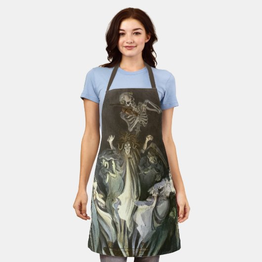 ヴィンテージハロウィーン、スケルトンバイオリニストと幽霊たち エプロン (着用した状態)