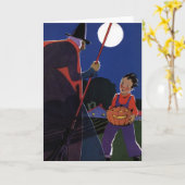 ヴィンテージハロウィーン、少年と不気味な魔女 カード (黄色い花)