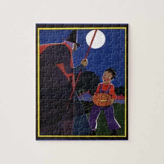 ヴィンテージハロウィーン、少年と不気味な魔女 ジグソーパズル (縦)
