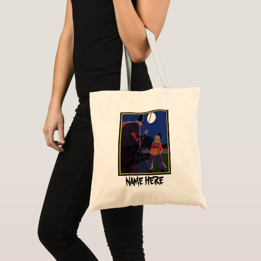 ヴィンテージハロウィーン、少年と不気味な魔女 トートバッグ (正面(商品))