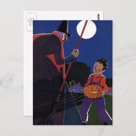 ヴィンテージハロウィーン、少年と不気味な魔女 ポストカード (正面/裏面)