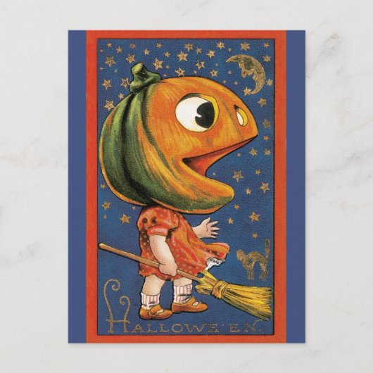 ヴィンテージハロウィーン、巨大なカボチャの頭の衣装 ポストカード (正面)