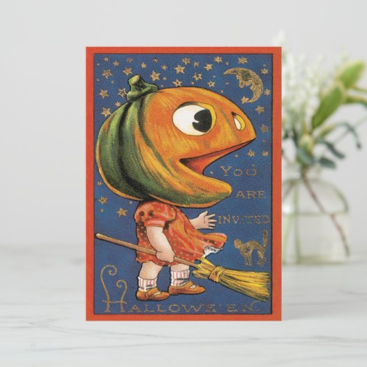 ヴィンテージハロウィーン、巨大なカボチャの頭の衣装 招待状 (スタンド正面)