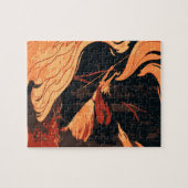 ヴィンテージハロウィーン、森林に火を放つ邪悪な魔女 ジグソーパズル (横)