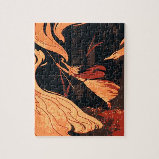 ヴィンテージハロウィーン、森林に火を放つ邪悪な魔女 ジグソーパズル (縦)