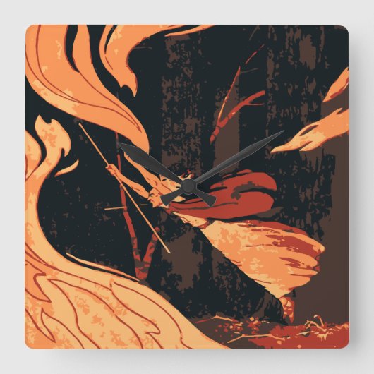 ヴィンテージハロウィーン、森林に火を放つ邪悪な魔女 スクエア壁時計 (正面)