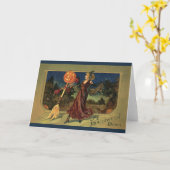 ヴィンテージハロウィーン、美しい踊り魔女 カード (黄色い花)