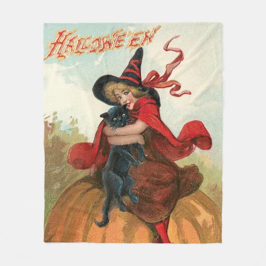 ヴィンテージハロウィーン – 魔女の友最高の友 フリースブランケット (正面)