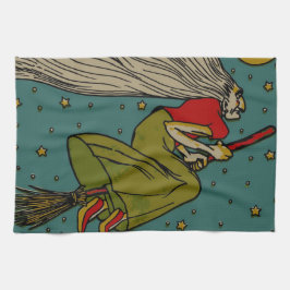 ヴィンテージハロウィーン、魔女飛んでいるオンブロムスティック キッチンタオル