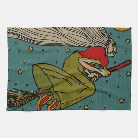 ヴィンテージハロウィーン、魔女飛んでいるオンブロムスティック キッチンタオル (横)