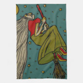 ヴィンテージハロウィーン、魔女飛んでいるオンブロムスティック キッチンタオル (縦)