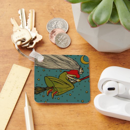 ヴィンテージハロウィーン、魔女飛んでいるオンブロムスティック キーホルダー (デスク)