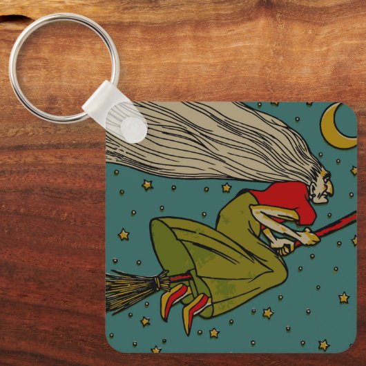 ヴィンテージハロウィーン、魔女飛んでいるオンブロムスティック キーホルダー (正面)