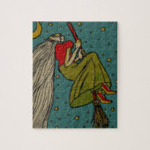 ヴィンテージハロウィーン、魔女飛んでいるオンブロムスティック ジグソーパズル (縦)