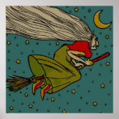 ヴィンテージハロウィーン、魔女飛んでいるオンブロムスティック ポスター (正面)