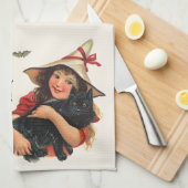 ヴィンテージハロウィーン、黒猫と少女の魔女 キッチンタオル (四つ折り)