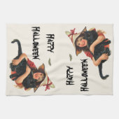 ヴィンテージハロウィーン、黒猫と少女の魔女 キッチンタオル (横)