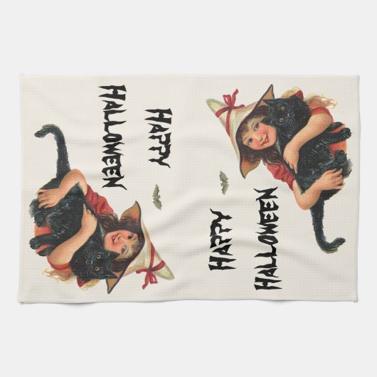ヴィンテージハロウィーン、黒猫と少女の魔女 キッチンタオル (横)