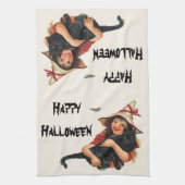 ヴィンテージハロウィーン、黒猫と少女の魔女 キッチンタオル (縦)