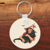 ヴィンテージハロウィーン、黒猫と少女の魔女 キーホルダー (正面)