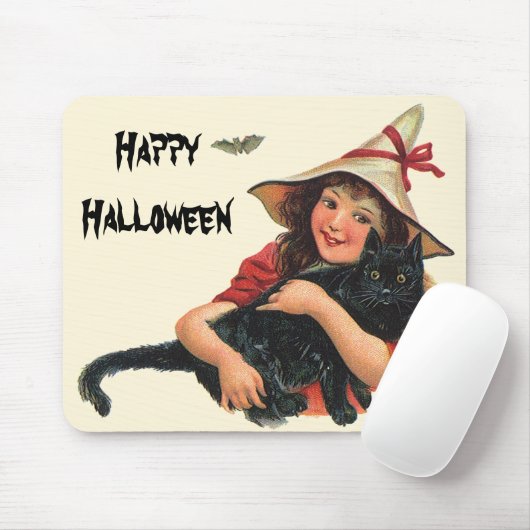 ヴィンテージハロウィーン、黒猫と少女の魔女 マウスパッド (マウス)