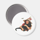 ヴィンテージハロウィーン、黒猫と少女の魔女 マグネット (正面/裏面)