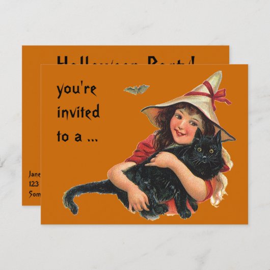 ヴィンテージハロウィーン、黒猫と少女の魔女 招待状 (正面/裏面)