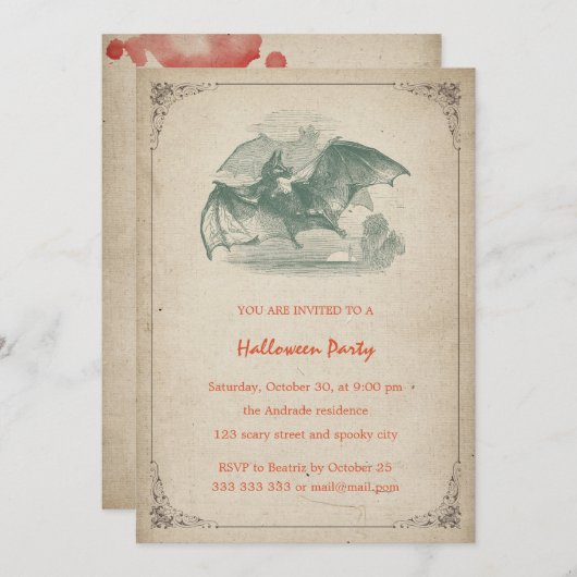 ヴィンテージハローウィンパーティこうもり血液（ばちゃばちゃ）跳ねるシンプル 招待状 (正面/裏面)