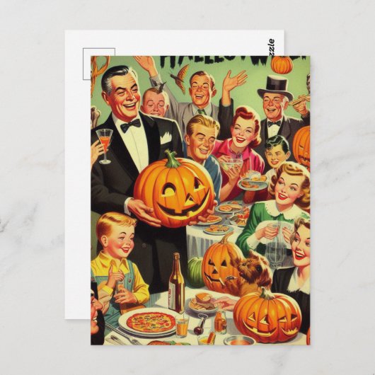 ヴィンテージハローウィンパーティイラストレーション ポストカード (正面/裏面)