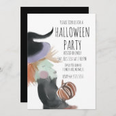 ヴィンテージハローウィンパーティウォーターカラーウィッチカボチャ 招待状 (正面/裏面)