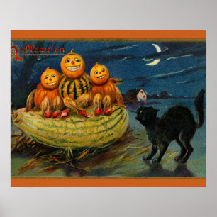 ヴィンテージハローウィンパーティ黒猫怖いカボチャ ポスター