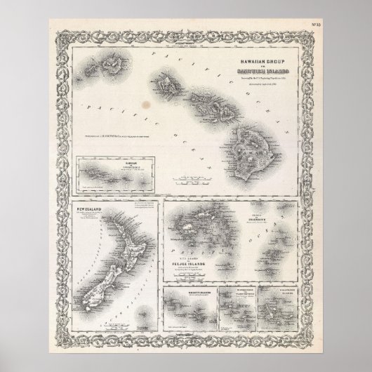 ヴィンテージハワイとニュージーランドの地図（1855年） ポスター (正面)