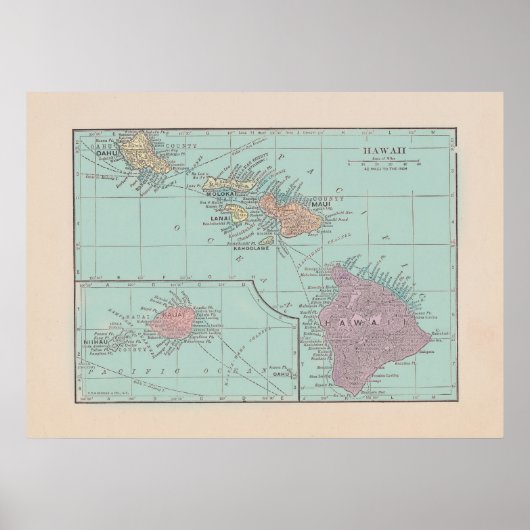 ヴィンテージハワイの地図 – カラー版 ポスター (正面)