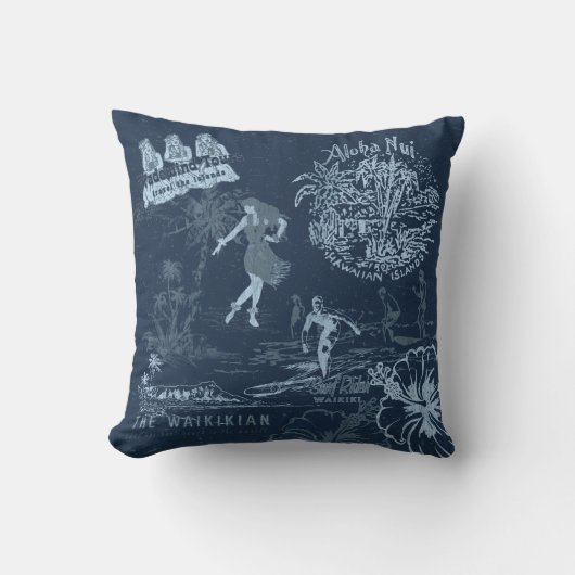 ヴィンテージハワイアントラベルコラージインディゴリバーシブル アウトドアクッション (正面)