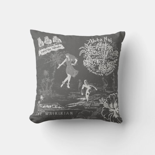 ヴィンテージハワイアントラベルコラージググレーリバーシブル アウトドアクッション (正面)