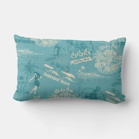 ヴィンテージハワイアントラベルコラージュティール（緑がかった色） アウトドアクッション (裏面)