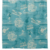 ヴィンテージハワイアントラベルコラージュティール(緑がかった色) シャワーカーテン (正面)